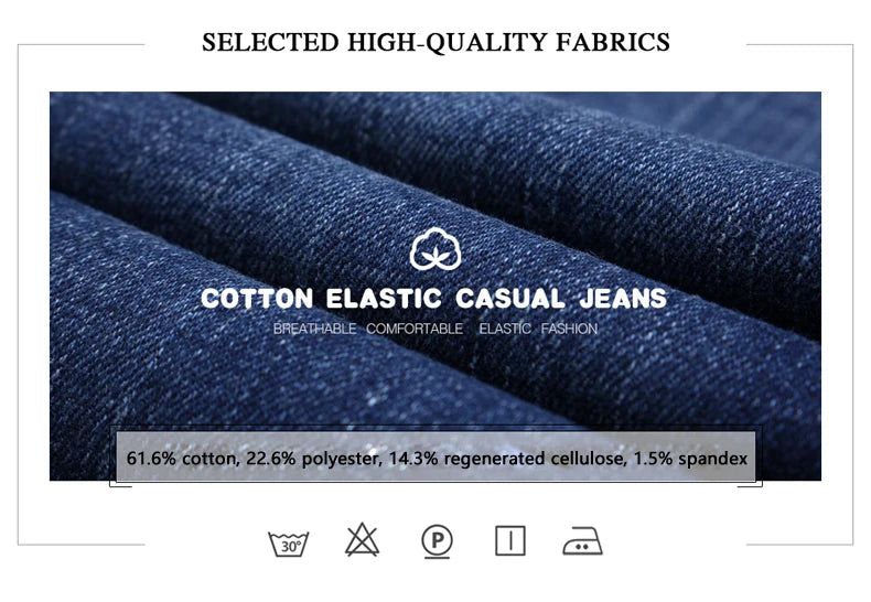 Autumn Classic Men's Fitted Stretch Jeans Business Casual Cotton Denim Straight Leg Pants Male Black Blue Trousers.