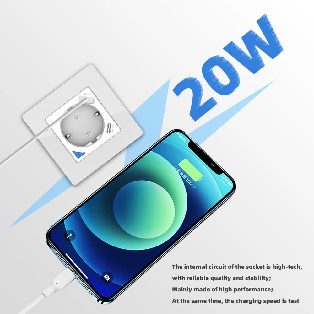 Alice Zigbee Tuya Smart EU-Wandsteckdose mit PD 20 W Typ C und einem Dual-USB-Schnellladegerät mit Power-Überwachungs-Glasplattenpanel.