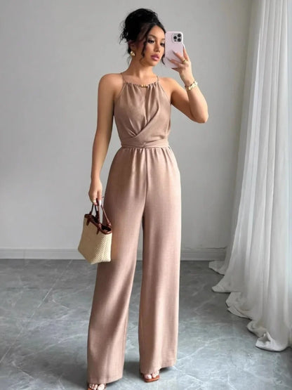 Woman Jumpsuits Elegant Summer Fold Off Shoulder Beads Jumpsuits Fashionable Slim Fit Belt Button High Waist Wide Legs Jumpsuits.