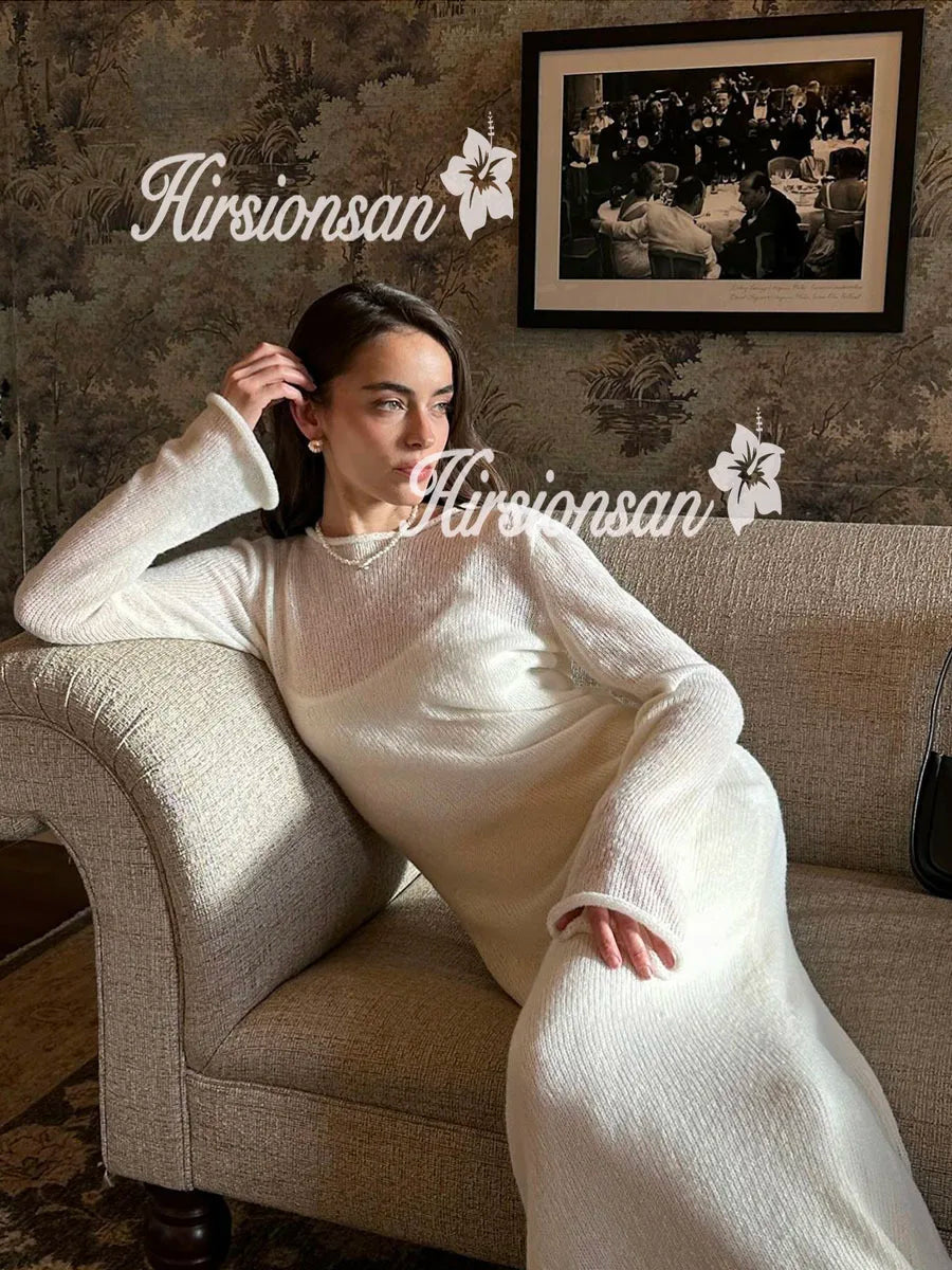 Hirsionsan Frühling Herbst Oansatz Elastische Stricken Lange Kleider Frauen 2024 Elegante Chic Weiche Dame Aushöhlung Pullover Kleider Femme Neue.