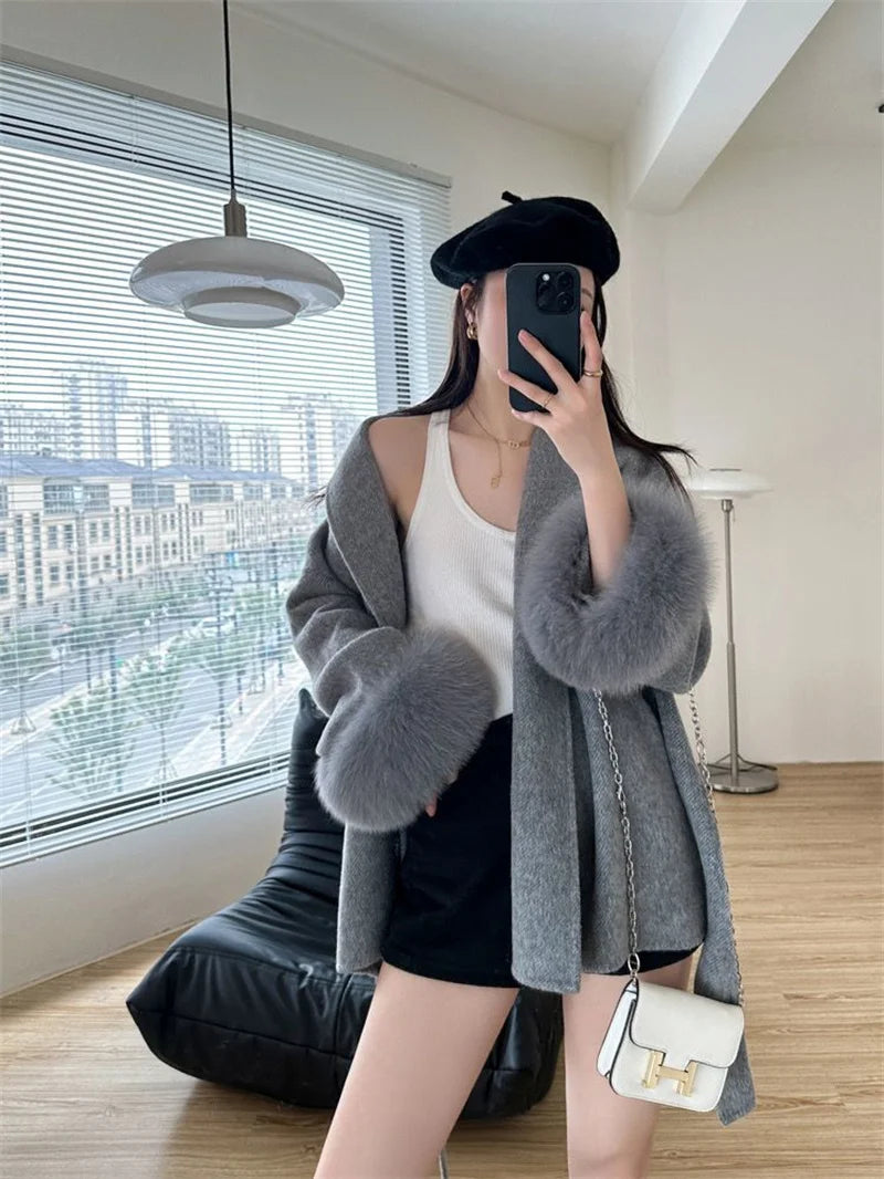 Mode Woolen Jacke mit gürtel Frauen Mantel 2025, Neue Herbst Winter Temperament Lose Strickjacke Weibliche Outwear.