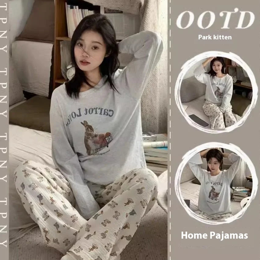 Spring and Autumn New Women's Cartoon Ins Style Pajamas Homewear Suit Girls Students Long-Sleeved Sweet Pajamas Loose Homewear.