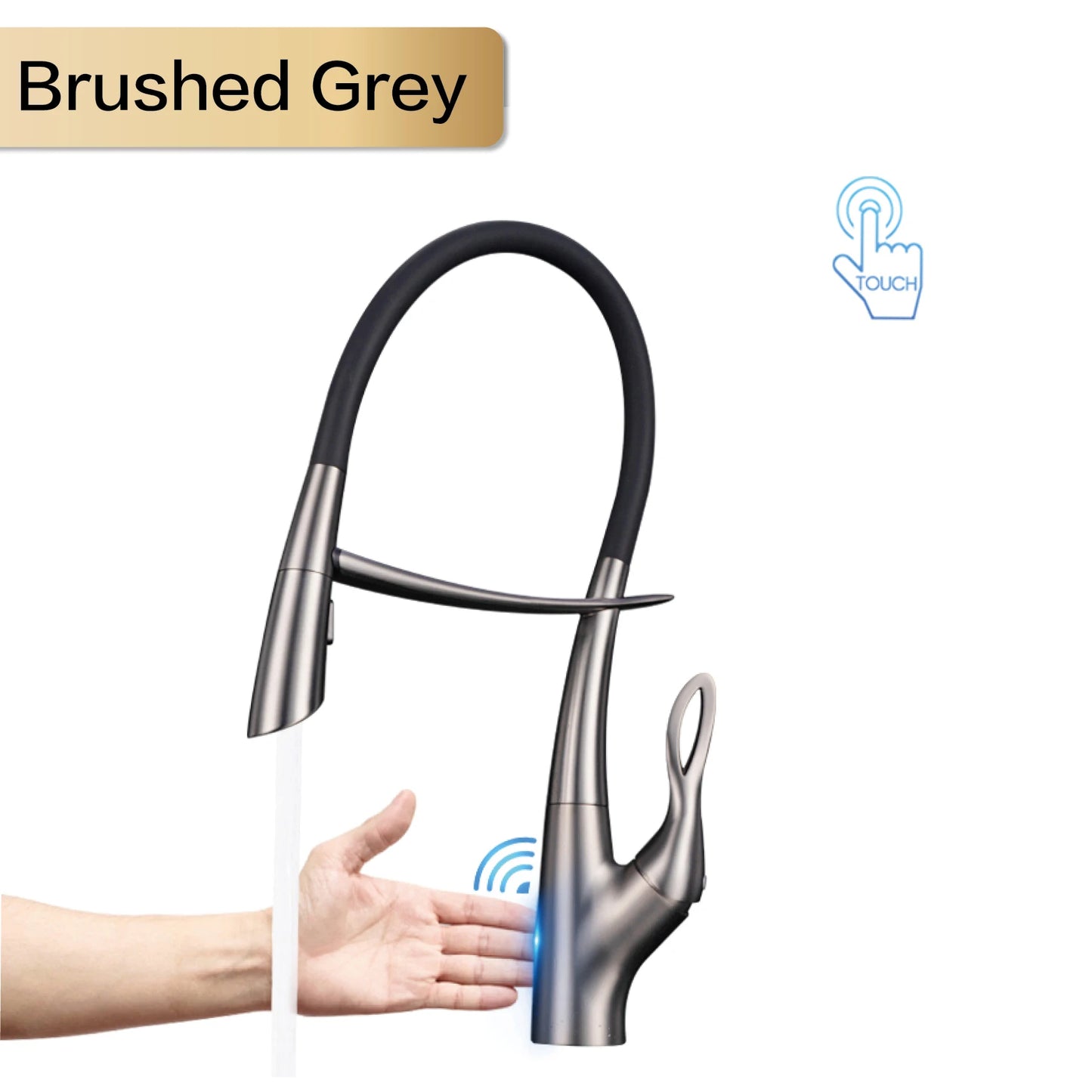 Luxuriöser Küchenarmatur aus grauem Messing in Gun-Grau mit intelligentem Touch-Design. Einhebelmischer für heißes und kaltes Wasser mit magnetischer Saugkraft