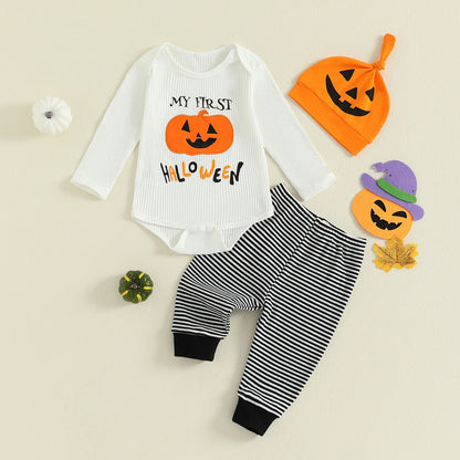 Baby Mädchen Halloween Baumwolle 3-teiliges Set 0-18 Monate Kleinkind Jungen Langarm Kürbis Print Onesie + Gestreifte Hose + Hut Festliches Outfit.