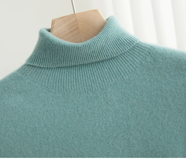 Men 100% Merino Wool Sweater Turtleneck Knitted Pullover Cashmere Warm Solid Color Clothes Business Bottoming Tops Autumn Winter