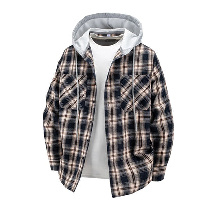 Hooded men's and women's wearable plaid shirts, Japanese shirt jackets for spring and fall, loose-fitting long-sleeve jackets..