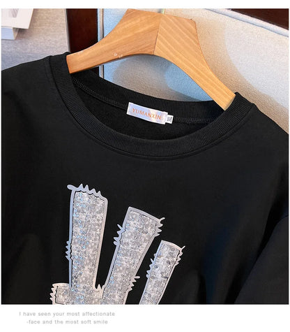 175kg plus size Damen büste Frühling Herbst loser Rundhals ausschnitt Langarm bedrucktes Sweatshirt schwarz lila 5xl 6xl 7xl 8xl 9xl