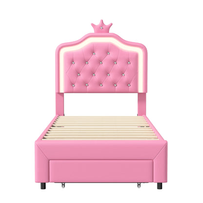 Rosahqnda Kinderbett, gepolsterter Bettrahmen, Krone, Kopfteil, Schubladenschrank, verstellbare Kopfteil-Lederoberfläche