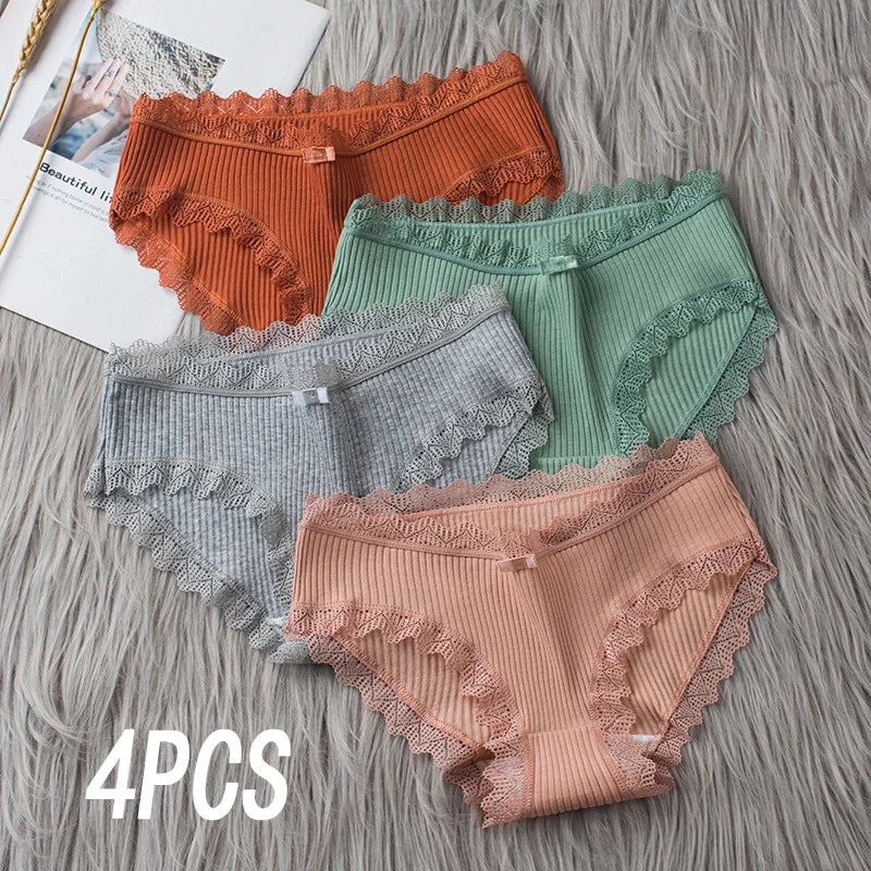 4 Pcs Lace Wavy Trim Bikini Panties, Comfy & Breathable Elastic Intimates Panties, Women's Lingerie & Underwear.