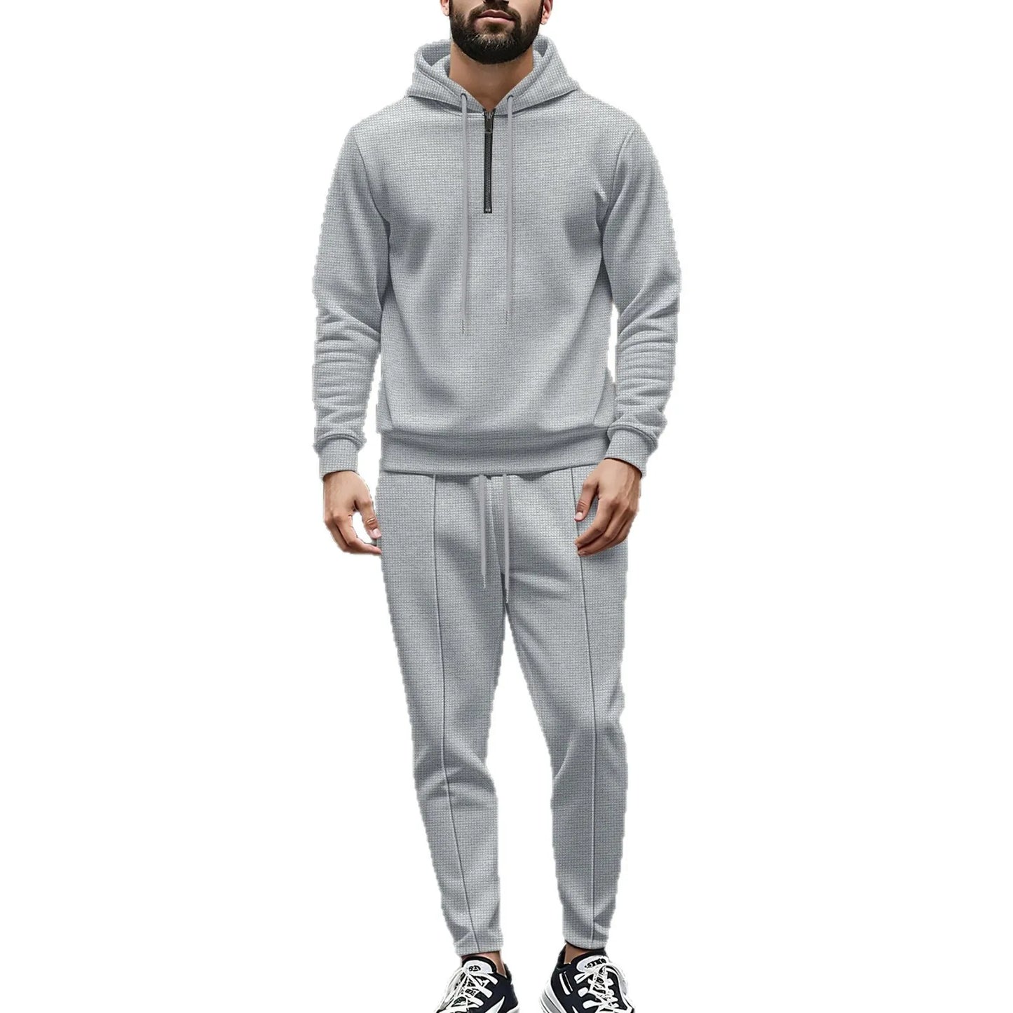 Men's Autumn Waffle Solid Color Hooded Half-Zipper Drawstring Long-Sleeved Sweatshirt And Long Pants Set Casual Comfortable Outf.