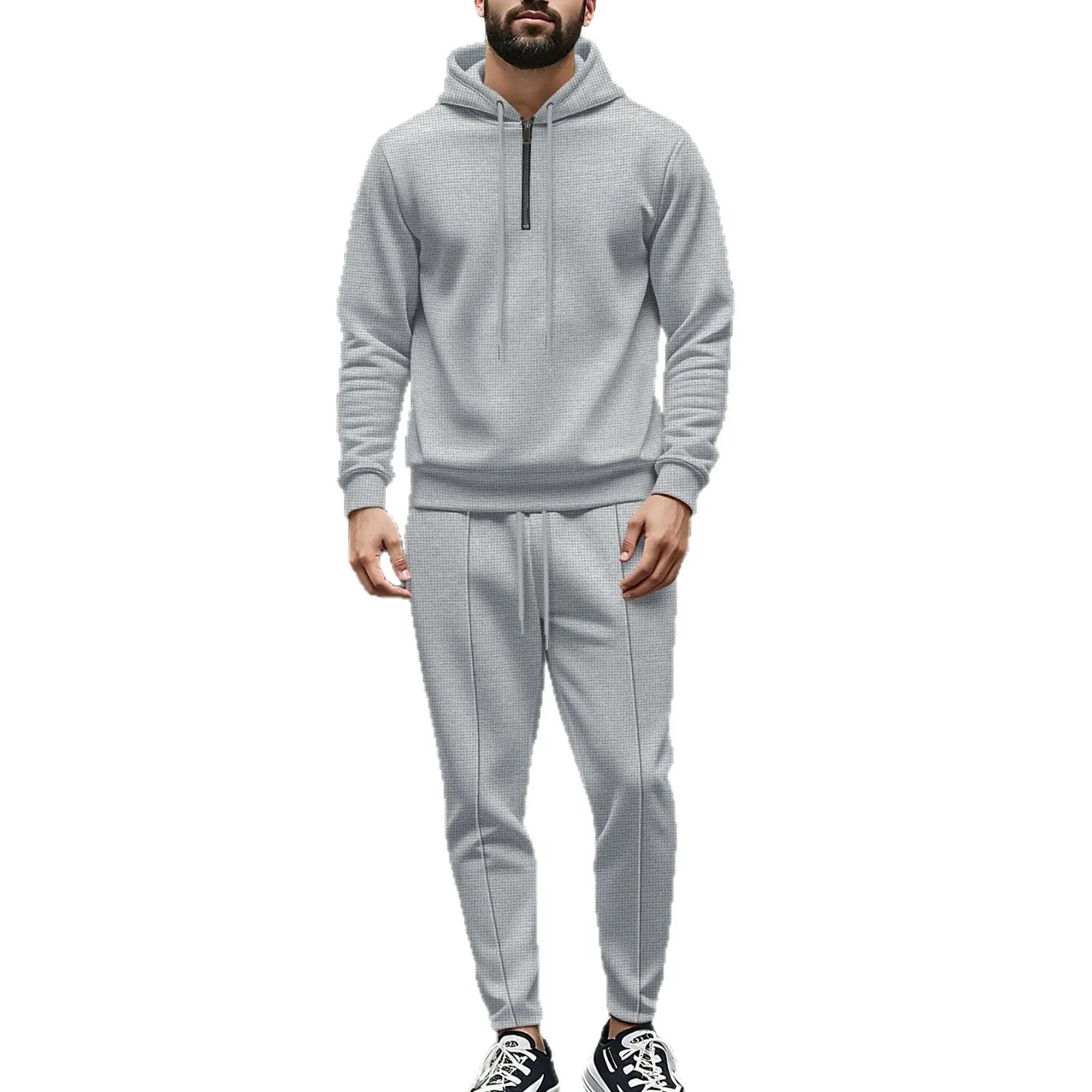 Men's Autumn Waffle Solid Color Hooded Half-Zipper Drawstring Long-Sleeved Sweatshirt And Long Pants Set Casual Comfortable Outf.