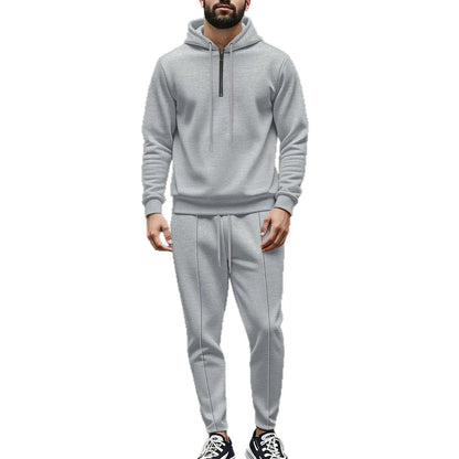 Men's Autumn Waffle Solid Color Hooded Half-Zipper Drawstring Long-Sleeved Sweatshirt And Long Pants Set Casual Comfortable Outf.