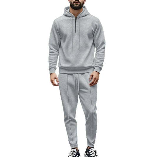 Men's Autumn Waffle Solid Color Hooded Half-Zipper Drawstring Long-Sleeved Sweatshirt And Long Pants Set Casual Comfortable Outf.