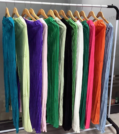 2024 Spring Autumn Women's New Solid Color Button Shirt Long Sleeve Drop Feel Loose Soft Wrinkle Casual Two Piece Set.