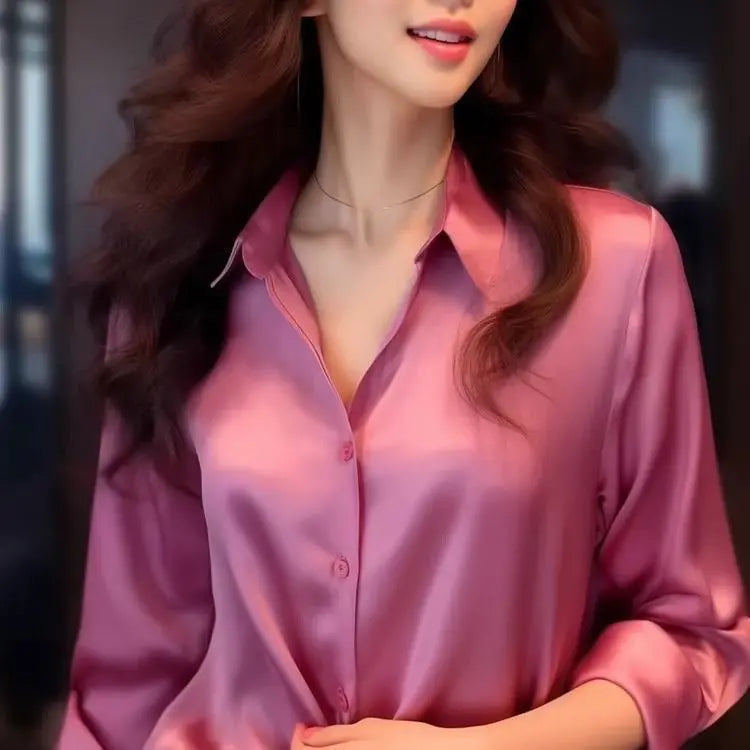 Spring Summer Casual Women's Satin Shirt Lapel Long Sleeve Blouse Loose Solid Color Office Lady Fashion Shirts Top