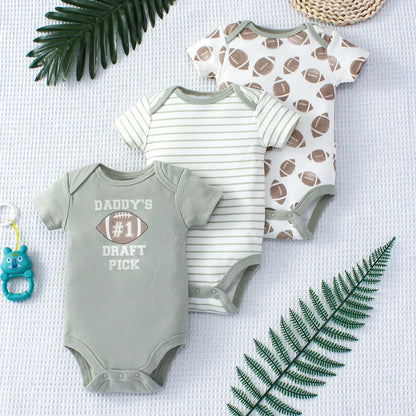 3-teiliges Sommer-Baby-Body, dreiteiliges Set mit Cartoon-Dinosaurier-Muster und Streifenmuster, Knopf-Design für Jungen im Alter von 0–9 Monaten.