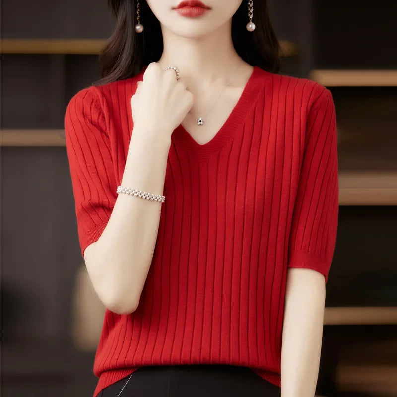 Frauen Pullover Kurzarm V-ausschnitt Streifen Strickwaren Slim Fit Hemd Koreanische Mode Pullover Dünne Stricken Tops 2025, Bodenbildung Shirts.