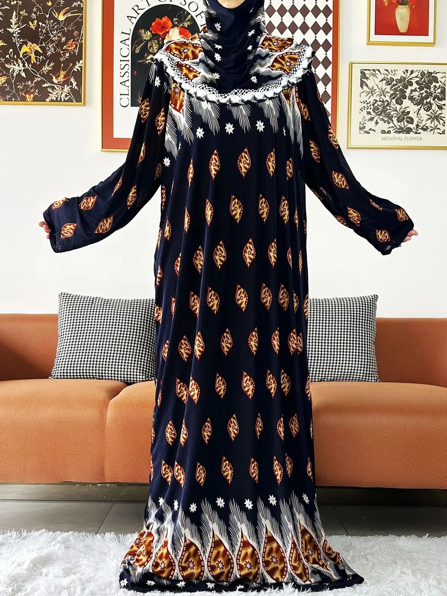 2023 Muslim Solid Cotton Abaya For Women Ramadan Prayer Garment Joint Hat Dubai Turkey Middle East Femme Robe Floral Loose Dress