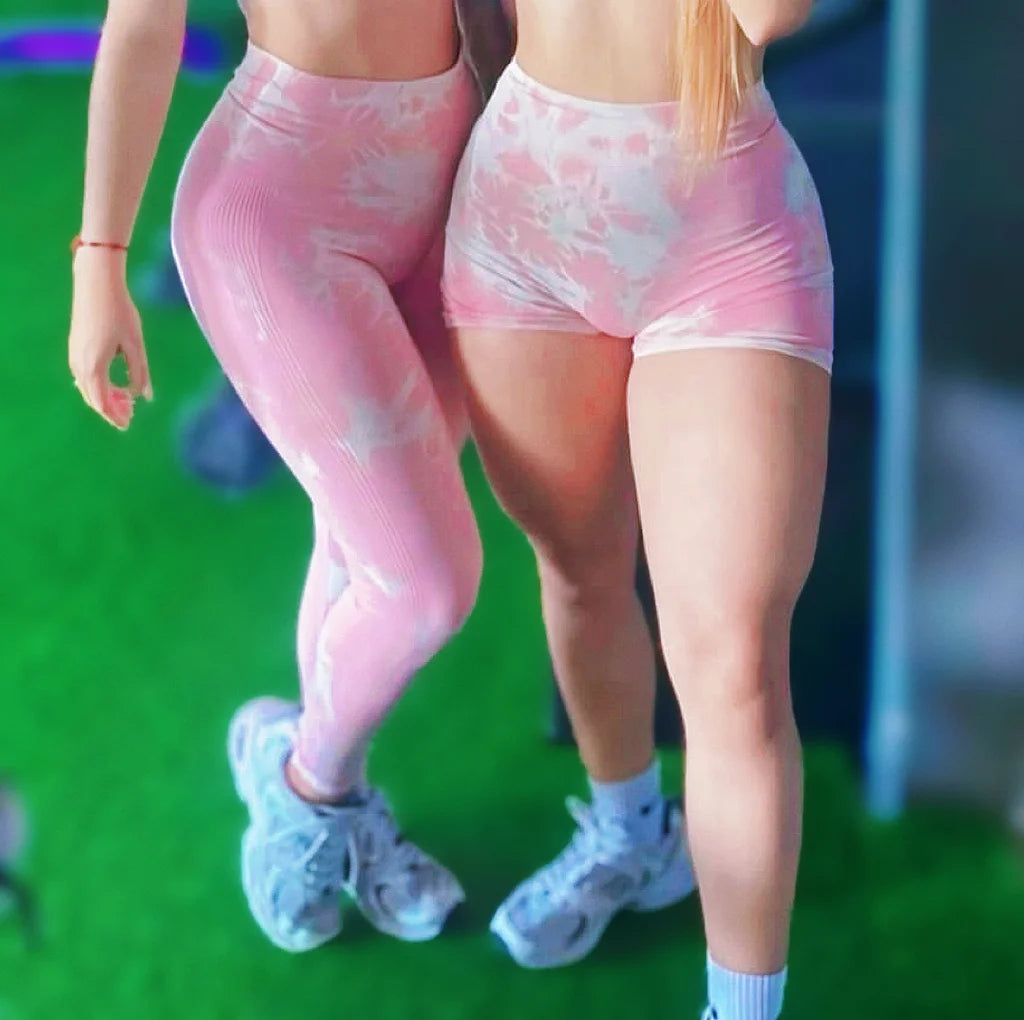 2 PCS Women Athletic Gym Leggings + Shorts Tie Dye Sports Workout Yoga Tights Butt Lifting Scrunch High Waist Yoga Pants.