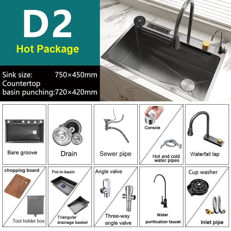 Large Single Slot Embossed Stainless Steel Waterfall Kitchen Sink  Household Wash basin Dishwashing  Sink For Kitchen