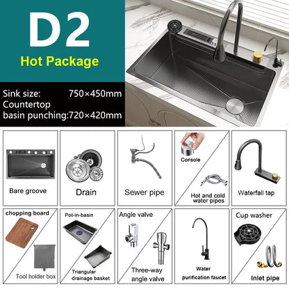 Large Single Slot Embossed Stainless Steel Waterfall Kitchen Sink  Household Wash basin Dishwashing  Sink For Kitchen