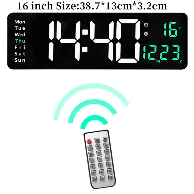 16-Zoll-Digitalwanduhr mit großem Bildschirm, Temperatur, Datum, Wochenanzeige, Fernbedienung, Doppelwecker, 12/24 Stunden, LED-Wanduhr