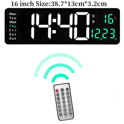 16-Zoll-Digitalwanduhr mit großem Bildschirm, Temperatur, Datum, Wochenanzeige, Fernbedienung, Doppelwecker, 12/24 Stunden, LED-Wanduhr