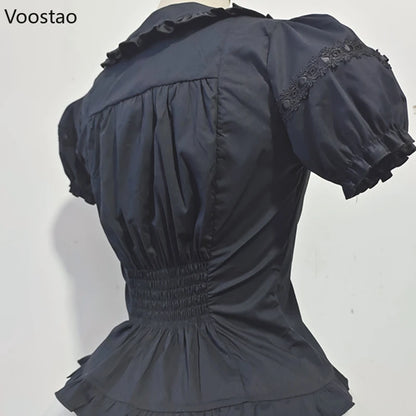 Victorian Gothic Lolita Shirts Women Sweet Elegant Detachable Long Sleeves Blouses Japanese Vinatge Peter Pan Collar Slim Tops.