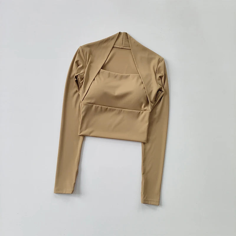 Fitness Chest Cushion Sports Top Women Long Sleeve Shirts Pra Speed Up Short Elegant Dance Yoga Clothes Small Waistband Gym.