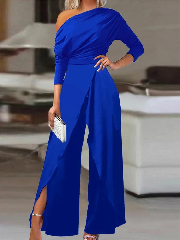 Elegant Jumpsuits for Women 2025 Spring New Plain Elegant Office Lady Loose Ruched Cold Shoulder Split Hem Wide Leg Jumpsuit.