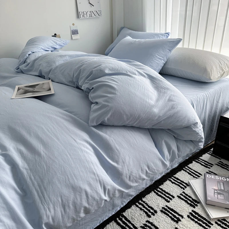 Bed Linen Solid Cotton Bedding Set with Sheet Duvet Cover Pillowcases Single Couple Bedsheet King Queen Double Twin Size.