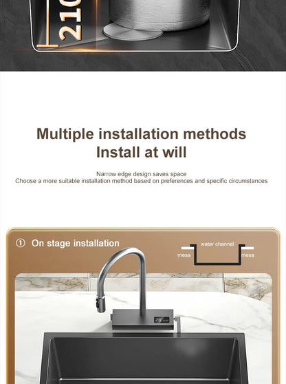 Black Stainless Steel Kitchen Sink Waterfall Sink dishwashing Basin Large Single Sink Household Sink Under The Counter Sink