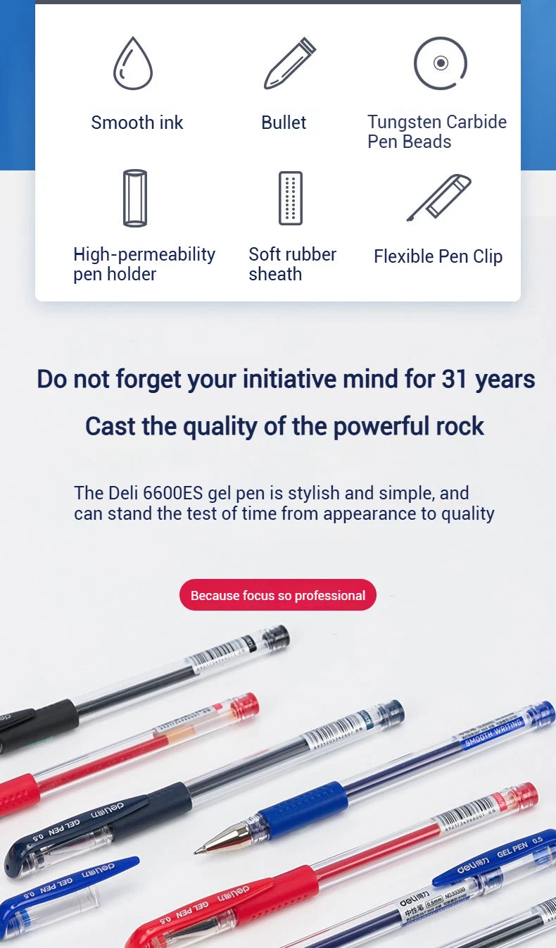 Deli 12er-Pack Gelschreiber-Set, 0,5 mm Kugelschreiber, Schwarz, Blau, Rot, Tintenfarben, Schreibutensilien für Schule, Büro, Schreibwaren.