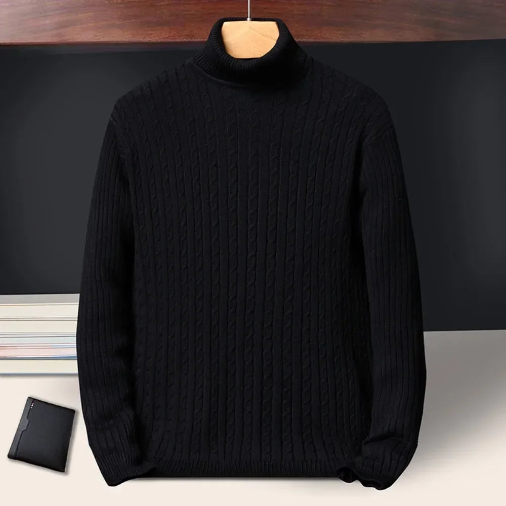 Autumn Winter New Men's Roll neck Sweaters Knitted Jacquard Pullover Warmth Long Sleeved Solid Color Classic Casual Clothing.