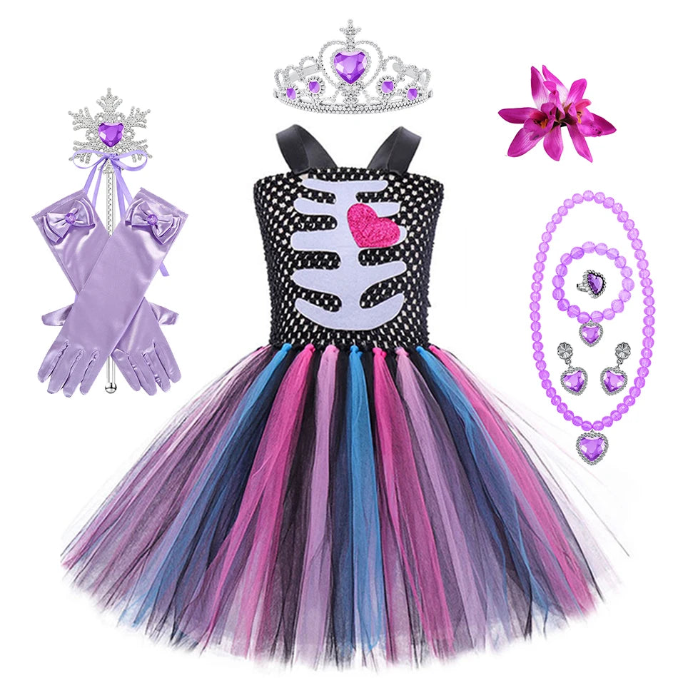 Halloween Kinder Kleid Cosplay Herz druck Skelett Kostüme Mädchen Blumen Schädel Tutu Kleidung Kinder Karneval Leistung Outfits