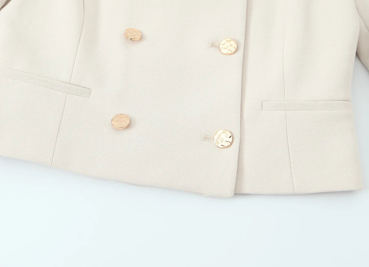 HH Women Solid Pant Set Long Sleeve O-Neck Double-Breasted Blazers+High Waist Chain Matching Side Zipper Trousers Sets.