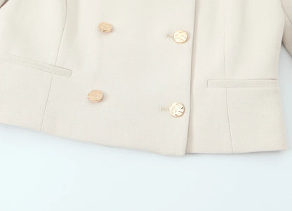 HH Women Solid Pant Set Long Sleeve O-Neck Double-Breasted Blazers+High Waist Chain Matching Side Zipper Trousers Sets.