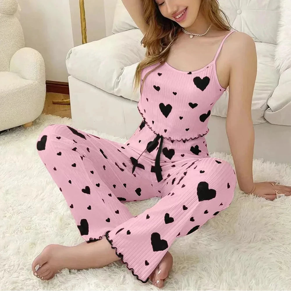 Winter Home Clothes Heart Pattern Strap Vest Women's Sleepwear Two-Piece Set Can Be Worn outside Long Pants warm for Women.