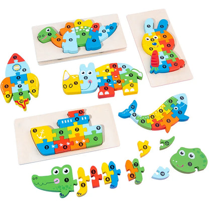 3D Stereoscopic Montessori Wooden Puzzle Cartoon Dinosaur Animal Shape Color Cognitive Educational Game Toy Kids Birthday Gift.