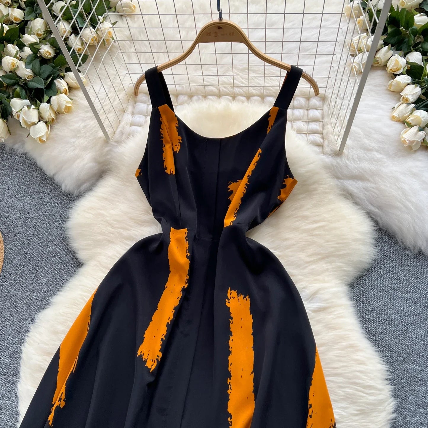 Neue Sommer Druck Süße Kleid Träger O Neck Backless Split Elegante Damen Urlaub Strand Party Midi Sommerkleid