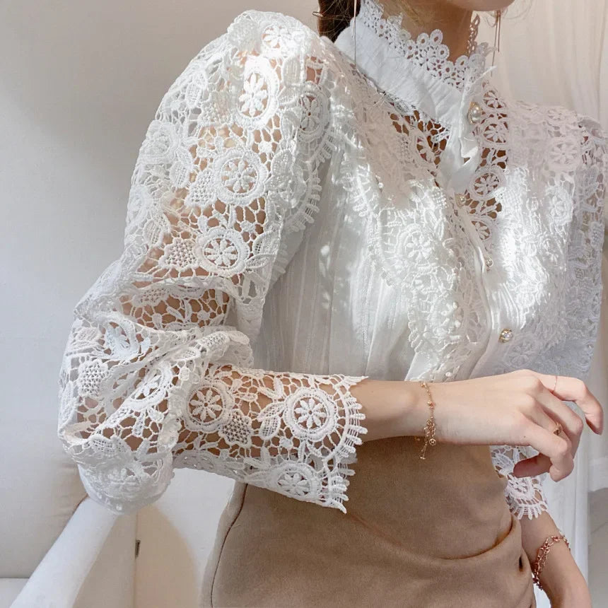 Fashion Long Sleeve Women Blouse Hollow Out Lace Blouse Shirt Tops Women Blusas Mujer De Moda 2024 Blouses Femme Women Shirts.