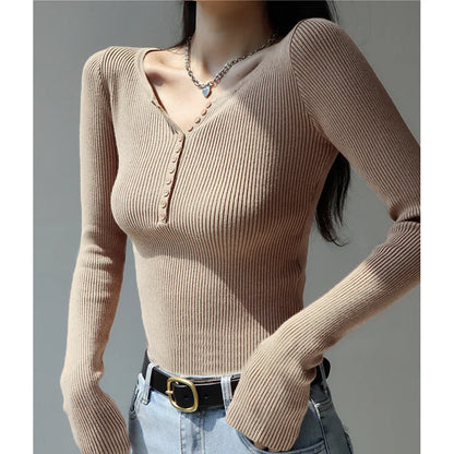 2026 weibliche Casual Tops Pullover Warme V-ausschnitt Frauen Herbst Winter Gestrickte Dünne Pullover Feste Taste Volle Hülse Pullover.