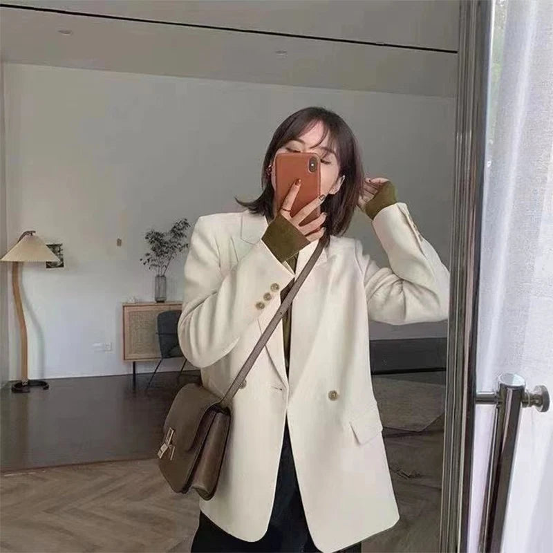 Koreanische Weiß Anzug Mantel Frauen Elegante Langarm Revers Blazer für Frau Herbst Winter Einzigen Taste Einfarbig Business Jacke.