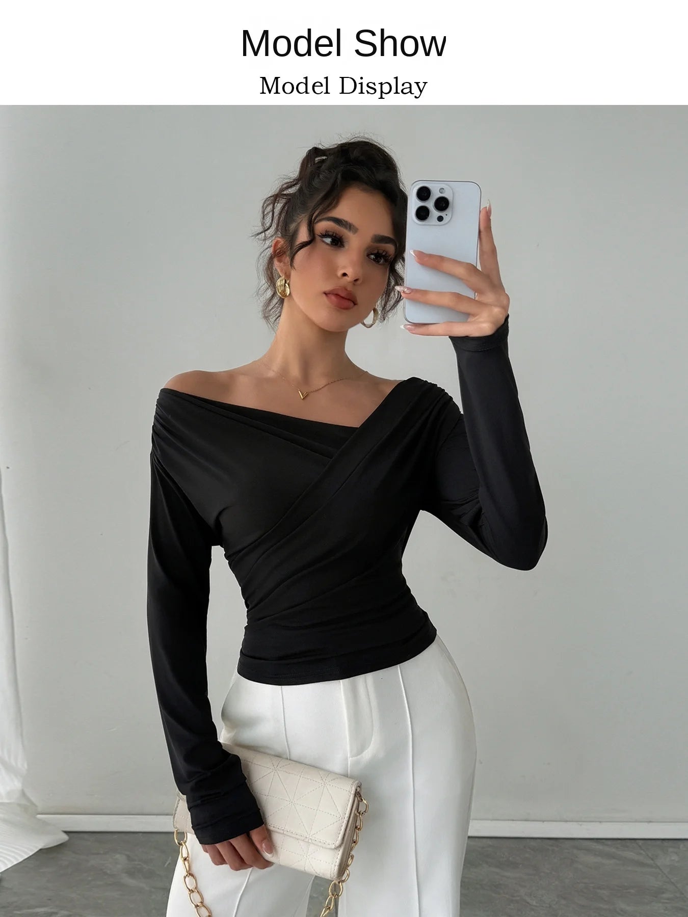 Phantasy New Solid Color Top Fashion Slant Shoulder Collar Shoulder Slimming Long Sleeve Commuter Top Vestido Elegant Tops.