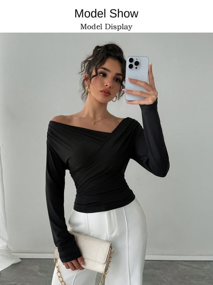 Phantasy New Solid Color Top Fashion Slant Shoulder Collar Shoulder Slimming Long Sleeve Commuter Top Vestido Elegant Tops.