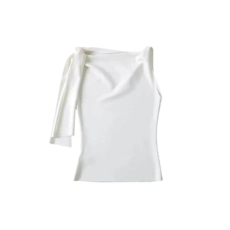 Women Sleek Stretch Knotted Top Fuchsia SLEEVELESS WITH BOAT NECK  ONE-SHOULDER TIE.