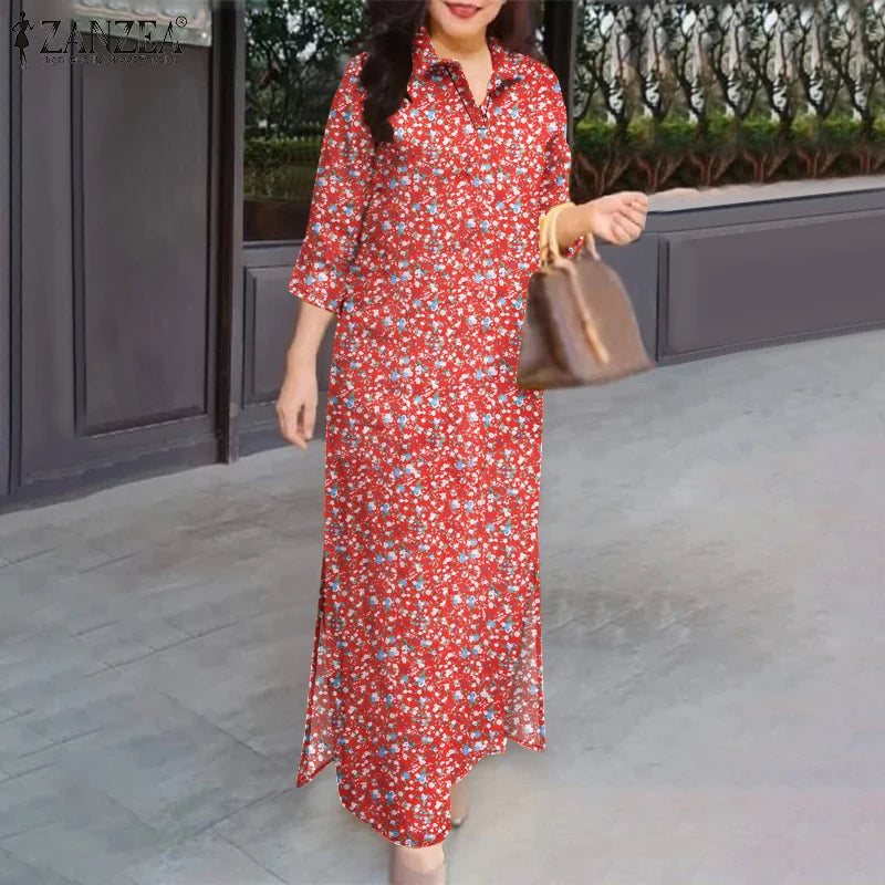 ZANZEA Herbst Sommer Floral Bedruckte Kleider Frauen Maxi Sommerkleid Bohemian Casual 3/4 Hülse Urlaub Vestidos Kaftan Robe Femme.