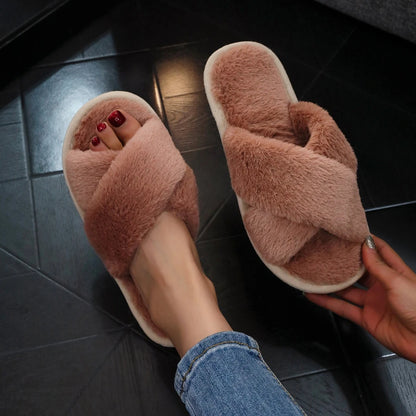 Fashion Cross Strap Fur Slippers Women Indoor Light Warm Plush Home Slippers Woman Faux Fur Flat Heel Couple Slides Plus Size 43