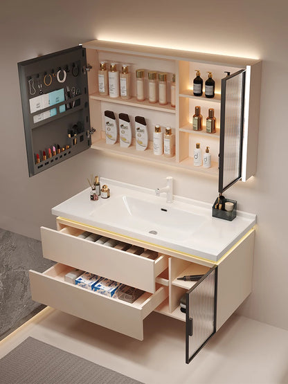 Cremefarbener Wind-Badezimmerschrank, integriertes Waschbecken aus Keramik, WC-Waschbecken-Kombination