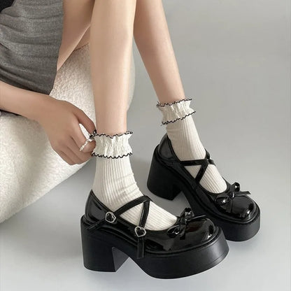 Women's Spring Round Toe Pumps Chunky Heel Mary Janes Shoes Platform Shoes for Women Dress Students Women's Lolita Heeled Shoes.